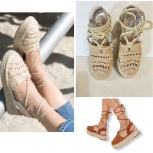 Givana Woven Camel Flatform Lace-up Espadrilles Women's Shoes